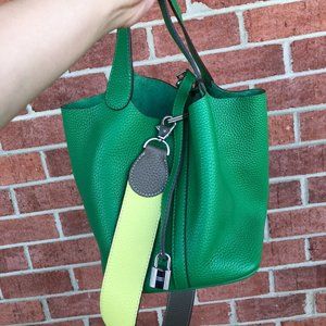 Green Leather Bucket Bag and Strap